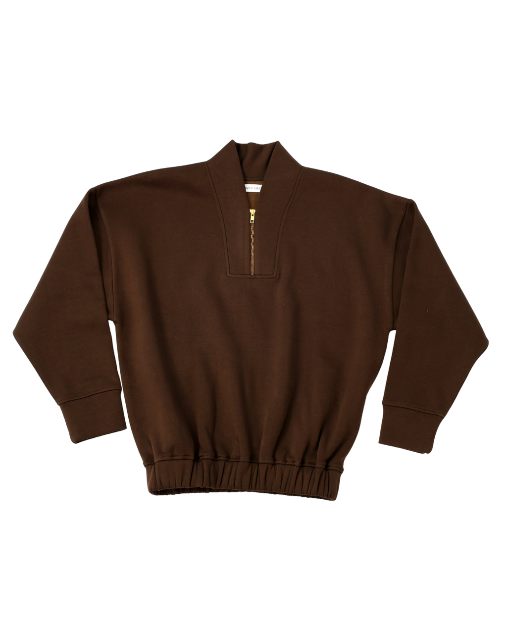 Flat lay of chocolate brown sweatshirt with stand up collar and zip detail