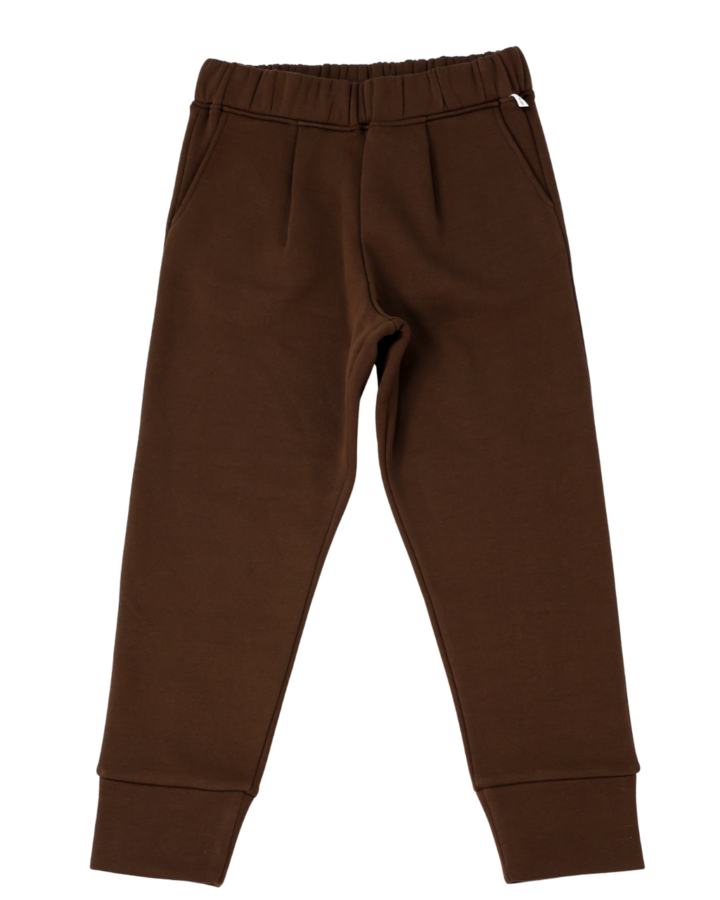 Flat lay of chocolate brown tapered joggers