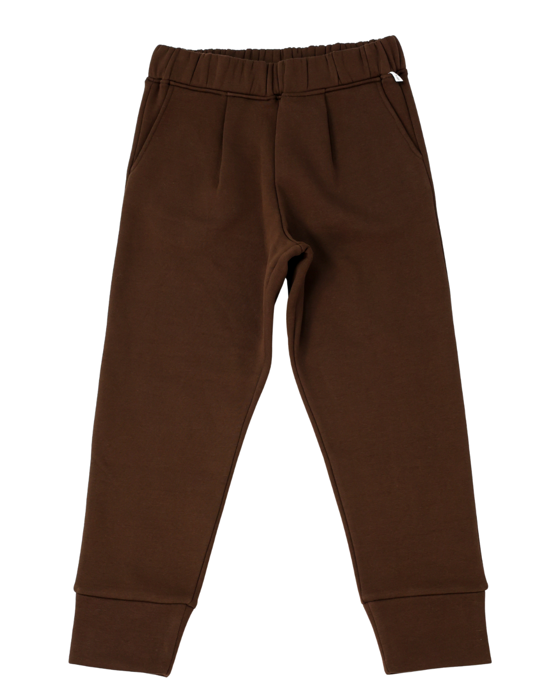Flat lay of chocolate brown tapered joggers