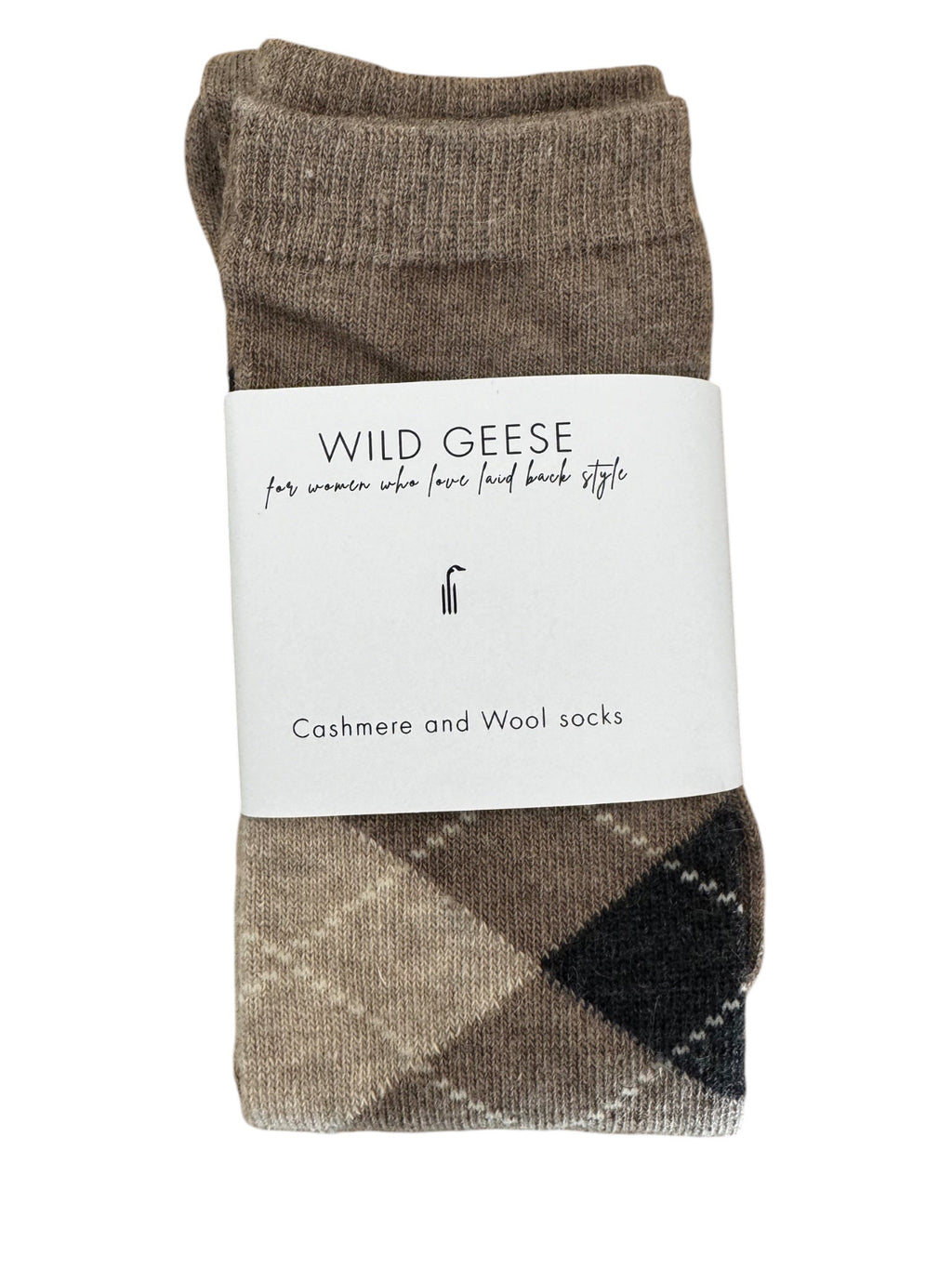 Folded argyle knee high socks with a brown and beige plaid pattern.