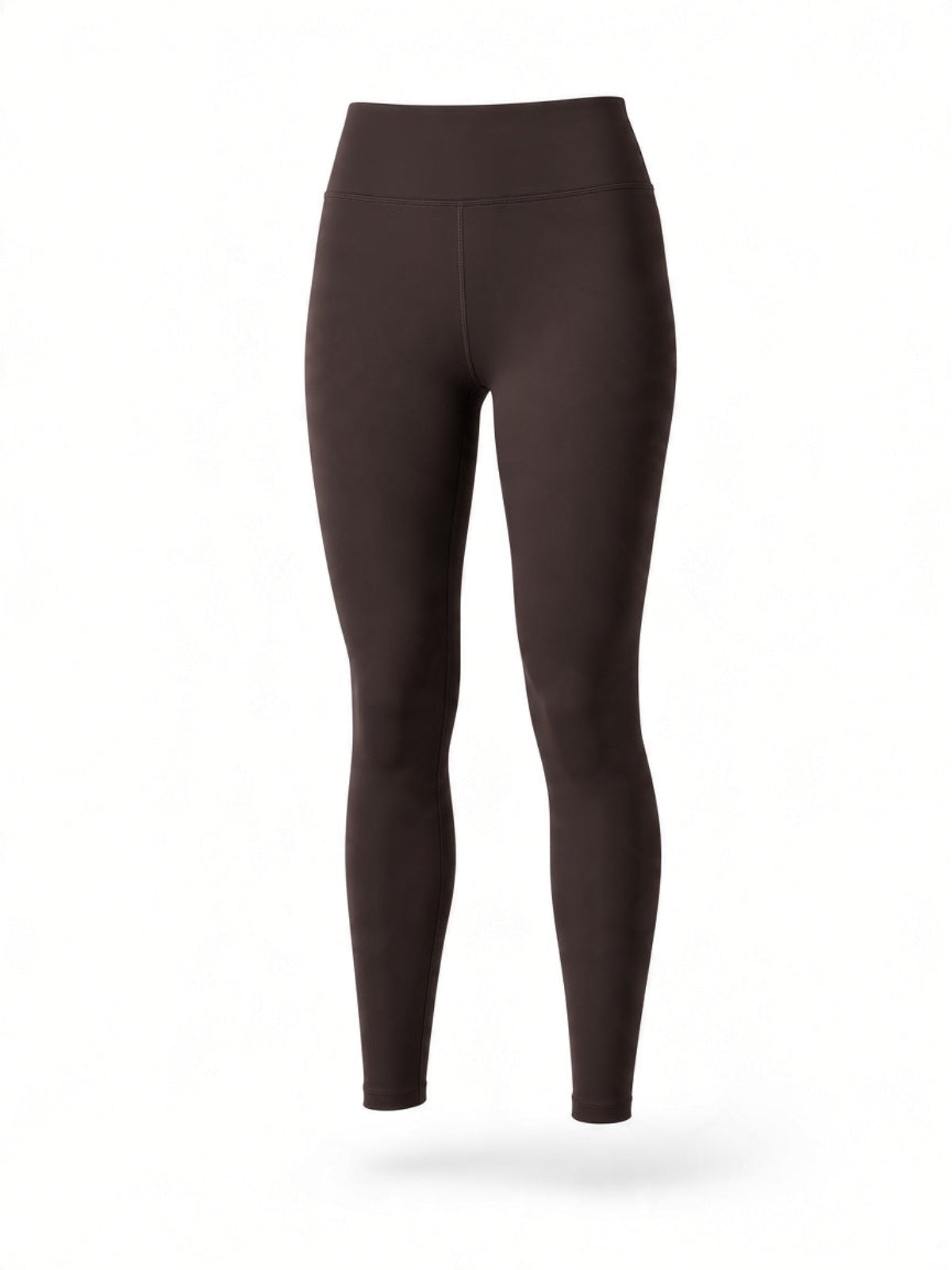 Dark brown high-waisted leggings shown on a ghost mannequin against a plain white background.