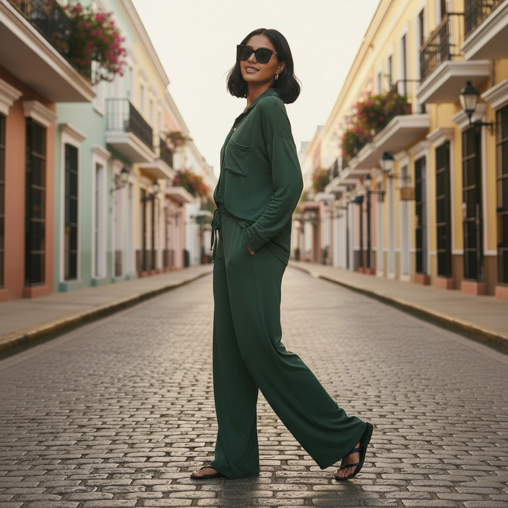 woman in green wide leg pants and shirt
