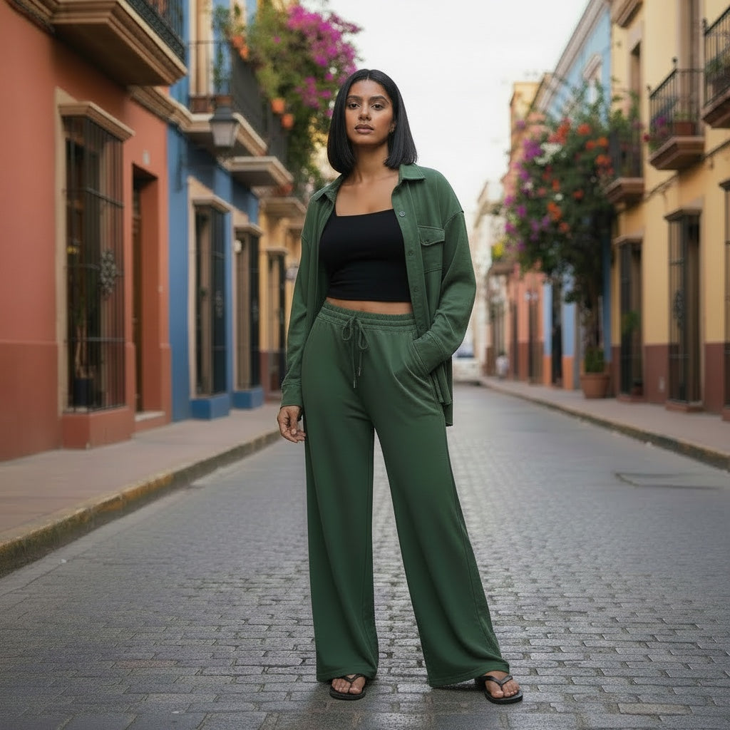 woman in wide leg pants, black vest and shirt