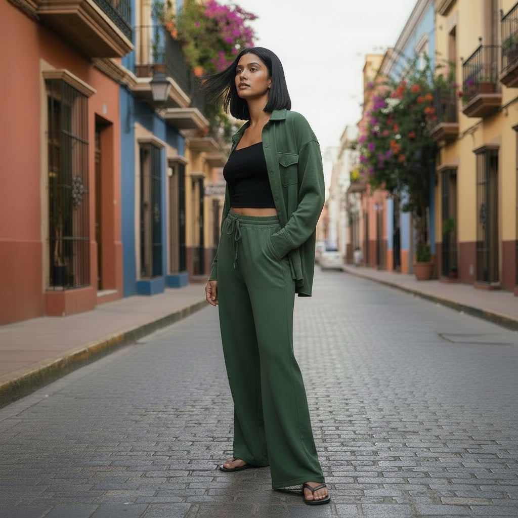 woman wearing green jersey shirt and wide leg pants