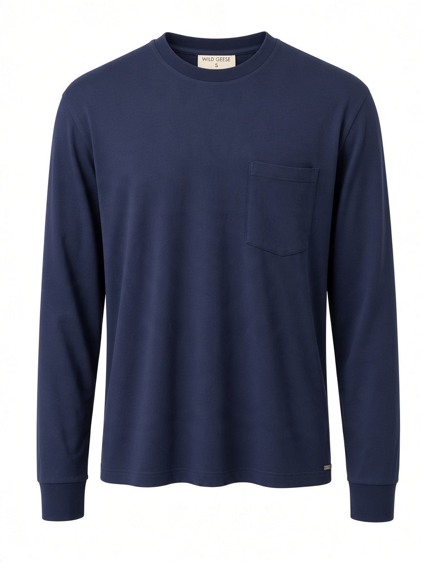 A navy blue long-sleeve crewneck shirt with a single chest pocket, shown against a plain white background.
