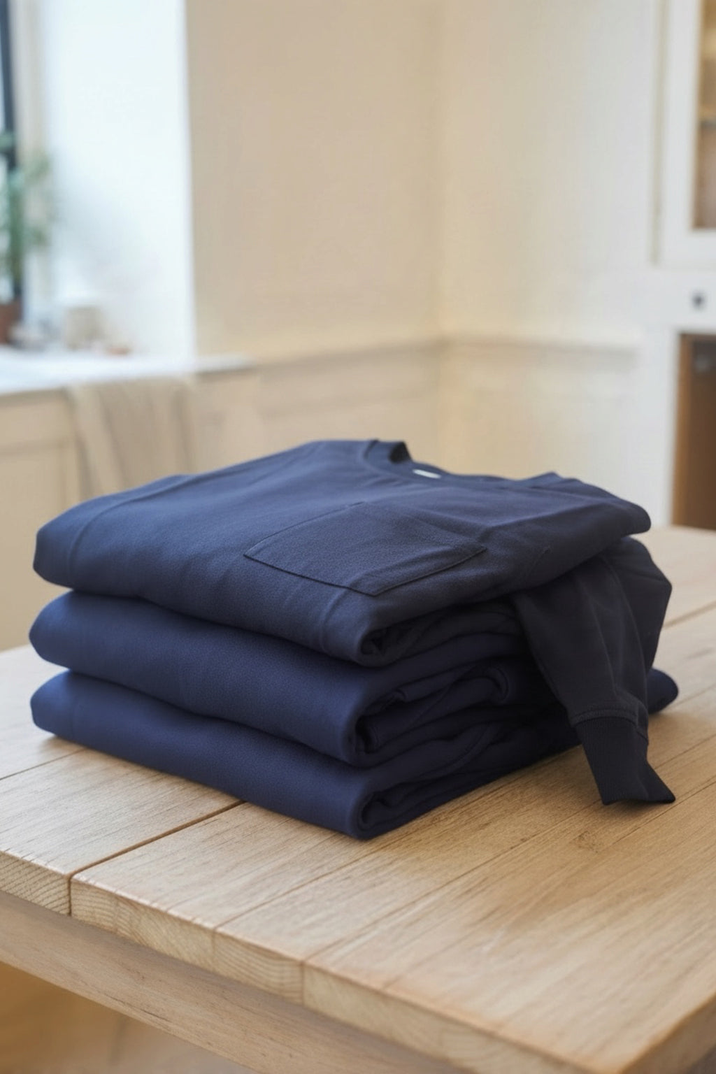 Three folded navy blue long sleeve t-shirts stacked on a light wood table in a softly lit indoor setting.