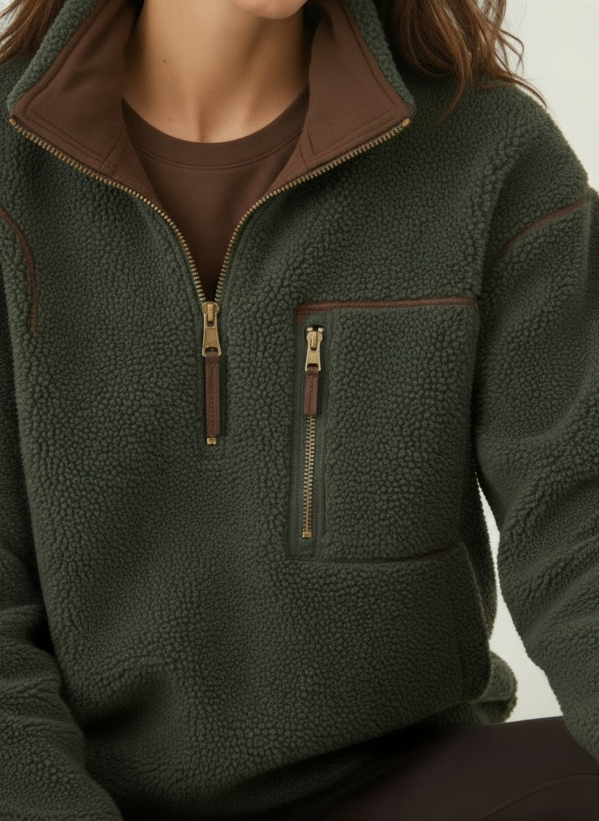 Green Fleece with Brass Half-Zip and Chocolate Lining