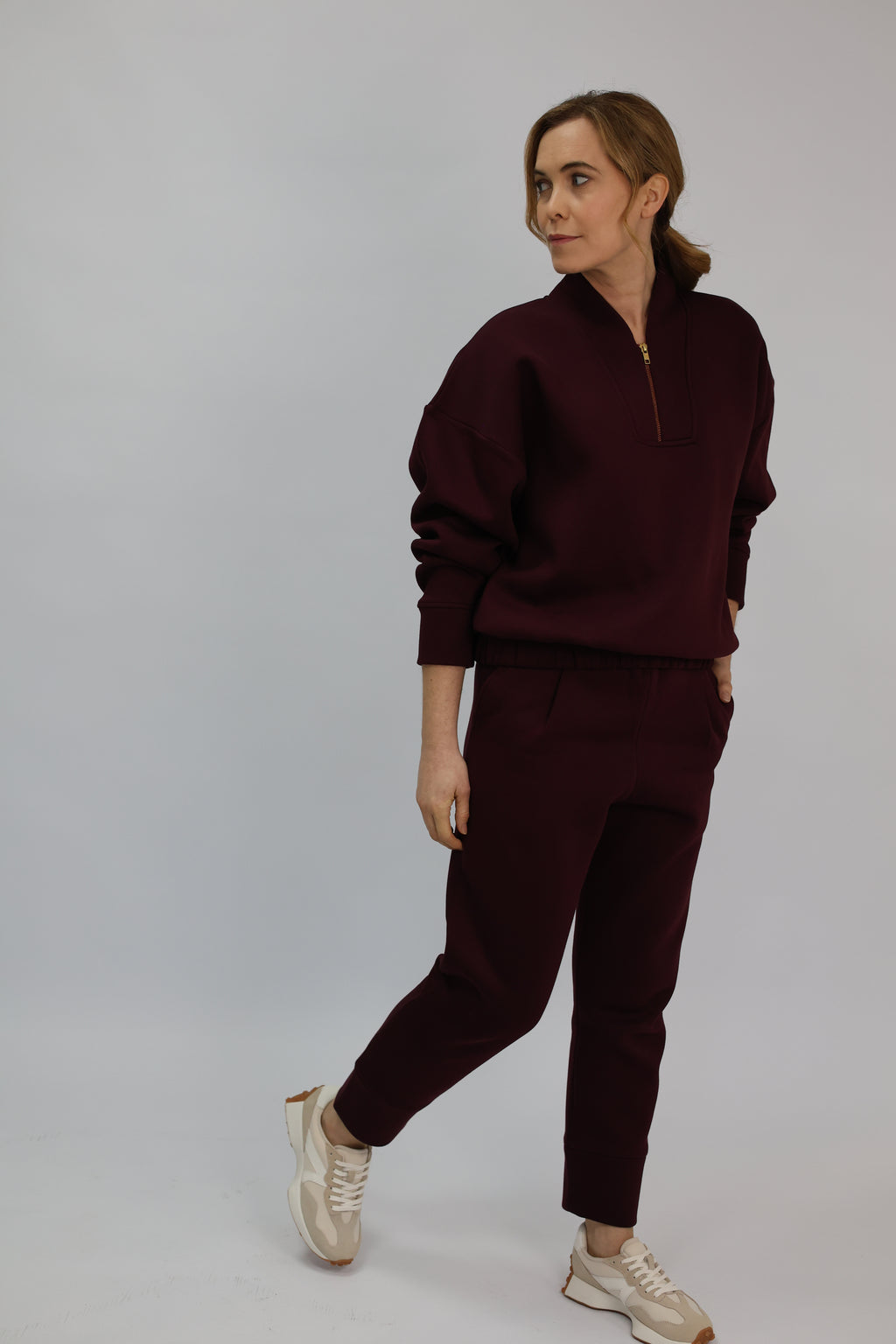 Burgundy tapered joggers and coordinated sweatshirt
