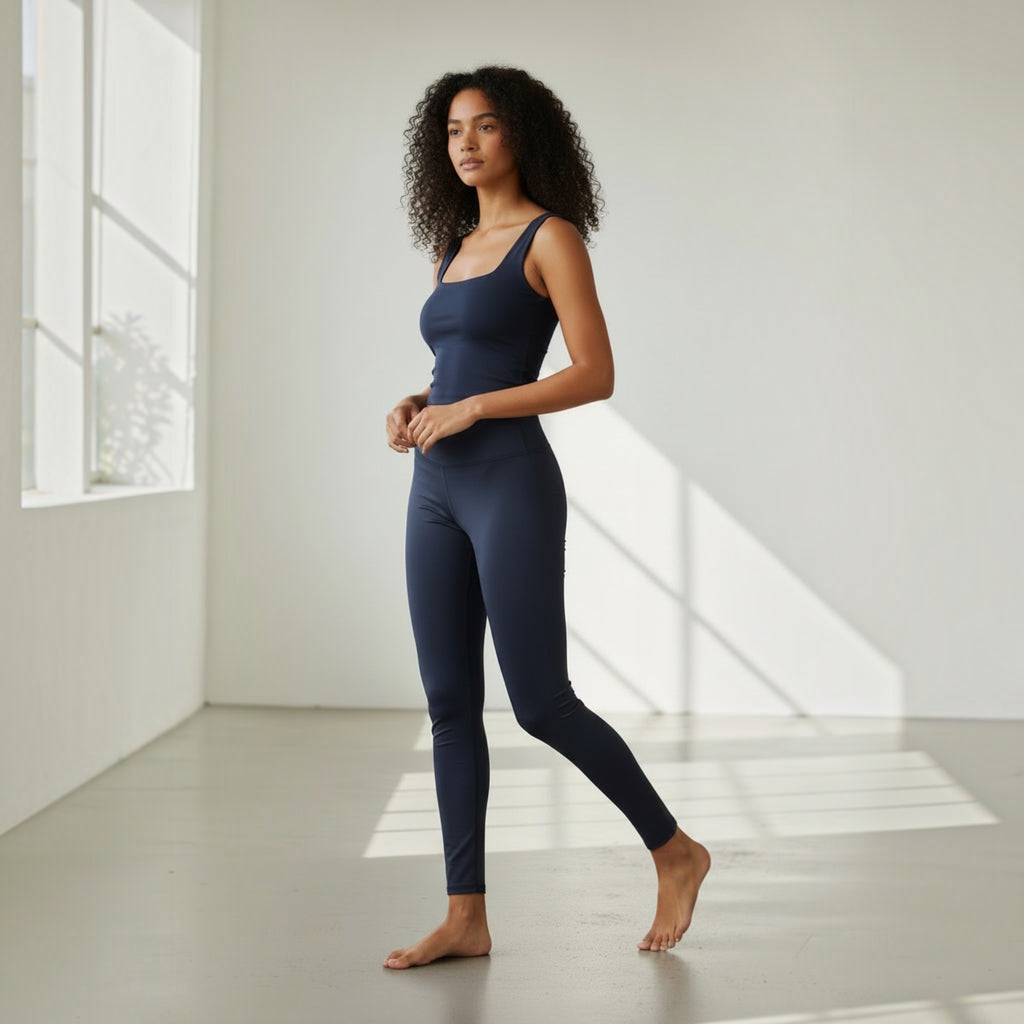 Woman wearing navy blue activewear leggings and vest