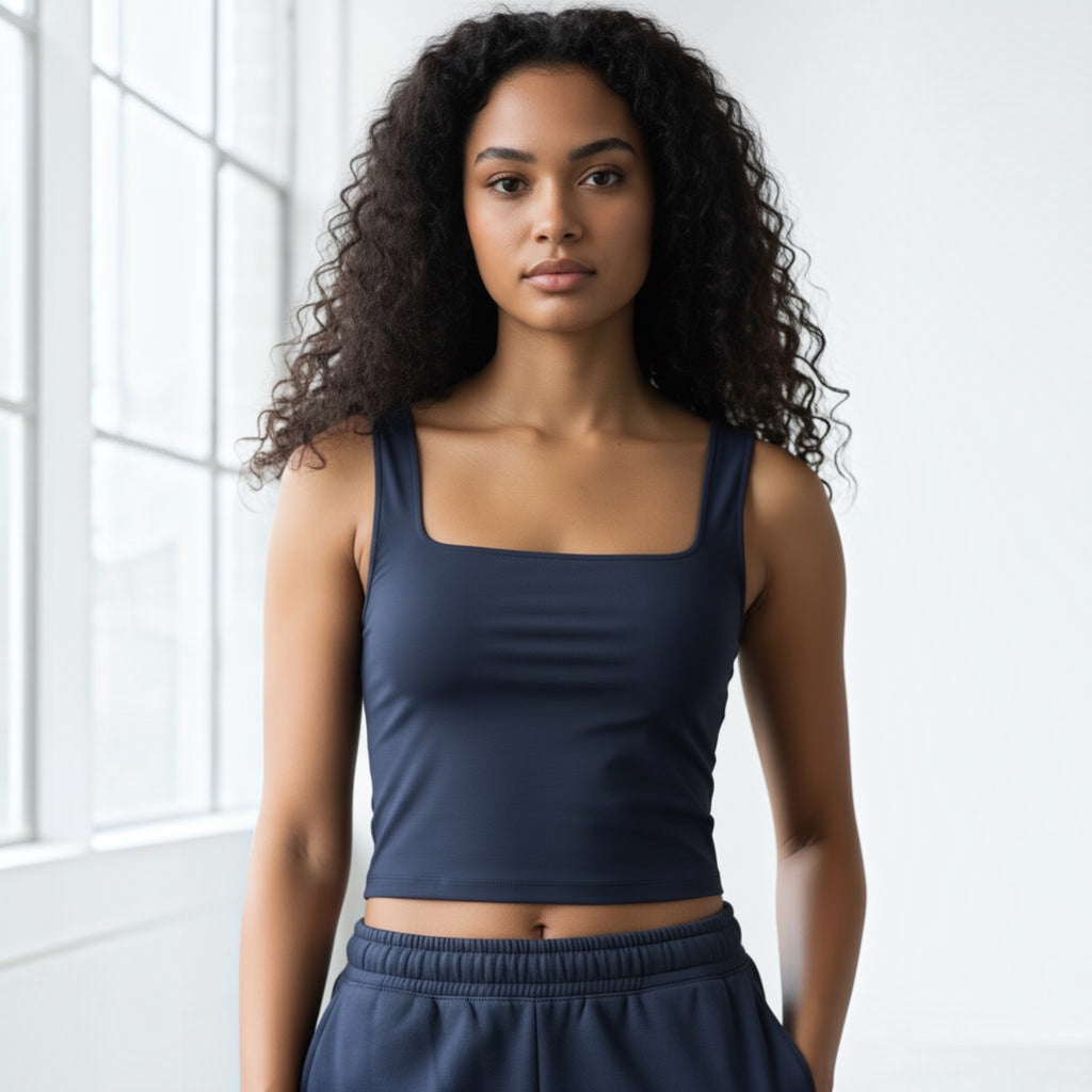 Woman wearing navy blue activewear vest