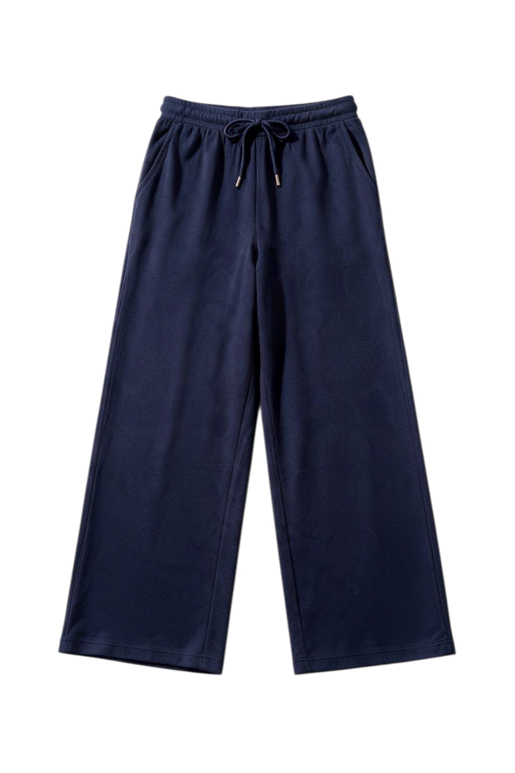 A pair of dark blue wide-leg pants with an elastic drawstring waist.
