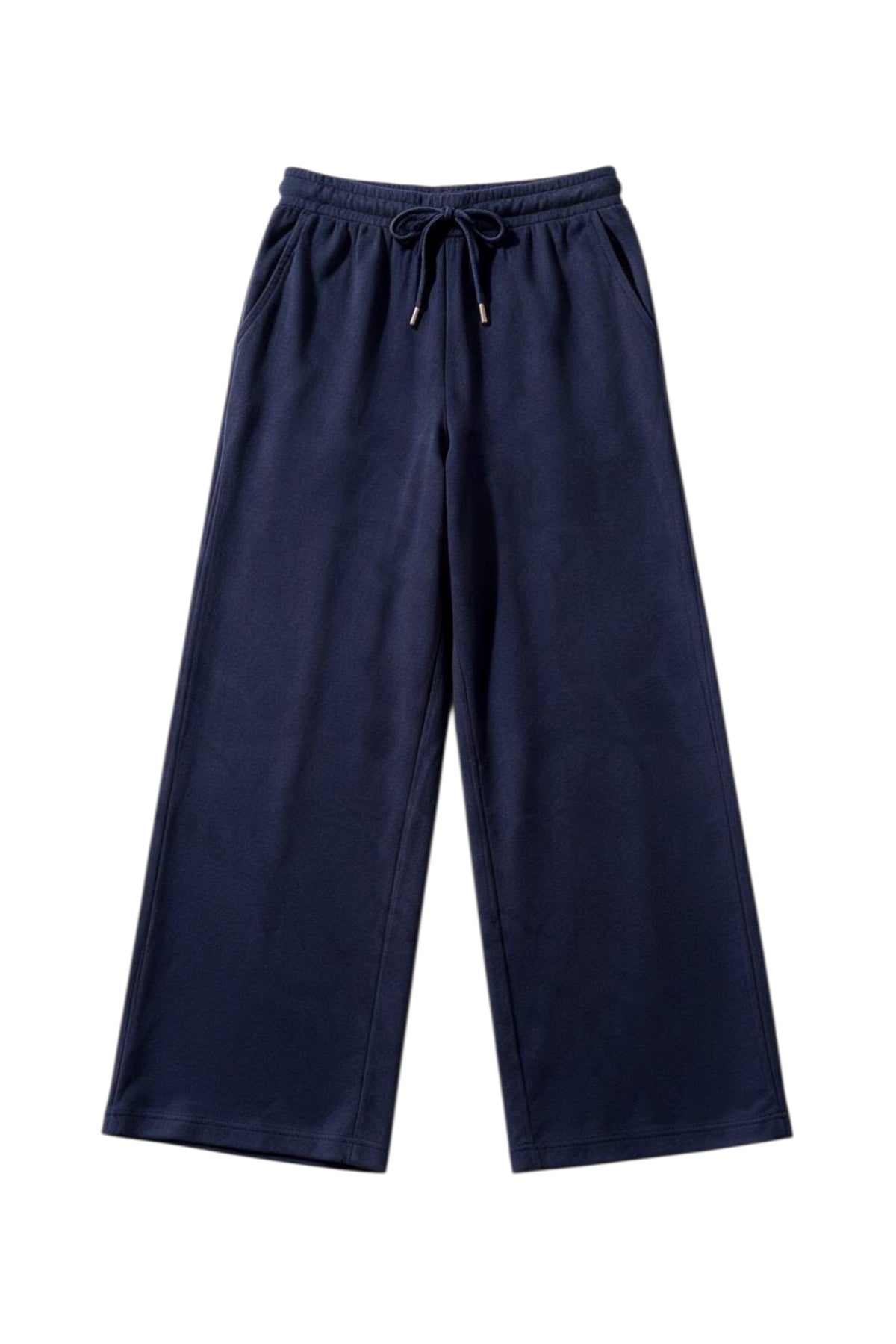 A pair of dark blue wide-leg pants with an elastic drawstring waist.