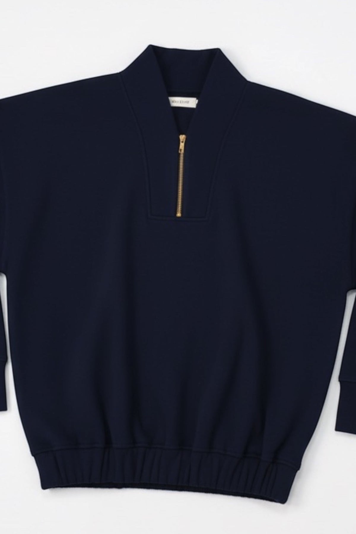 A navy blue knit quarter-zip sweater with a gold zipper pull, displayed flat against a light gray background.