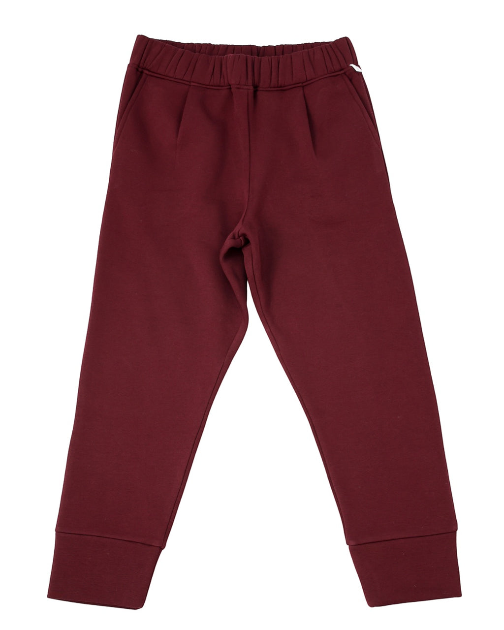 Wild Geese Margot Relaxed Cigarette Sweatpants in burgundy cotton with fleece lining and front pleats.