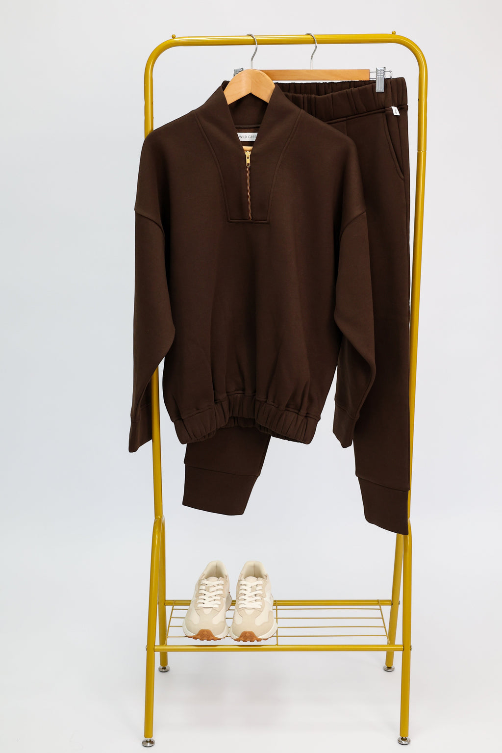 Wild Geese chocolate brown 100% cotton sweatshirt with gold zip detail and matching sweatpants.