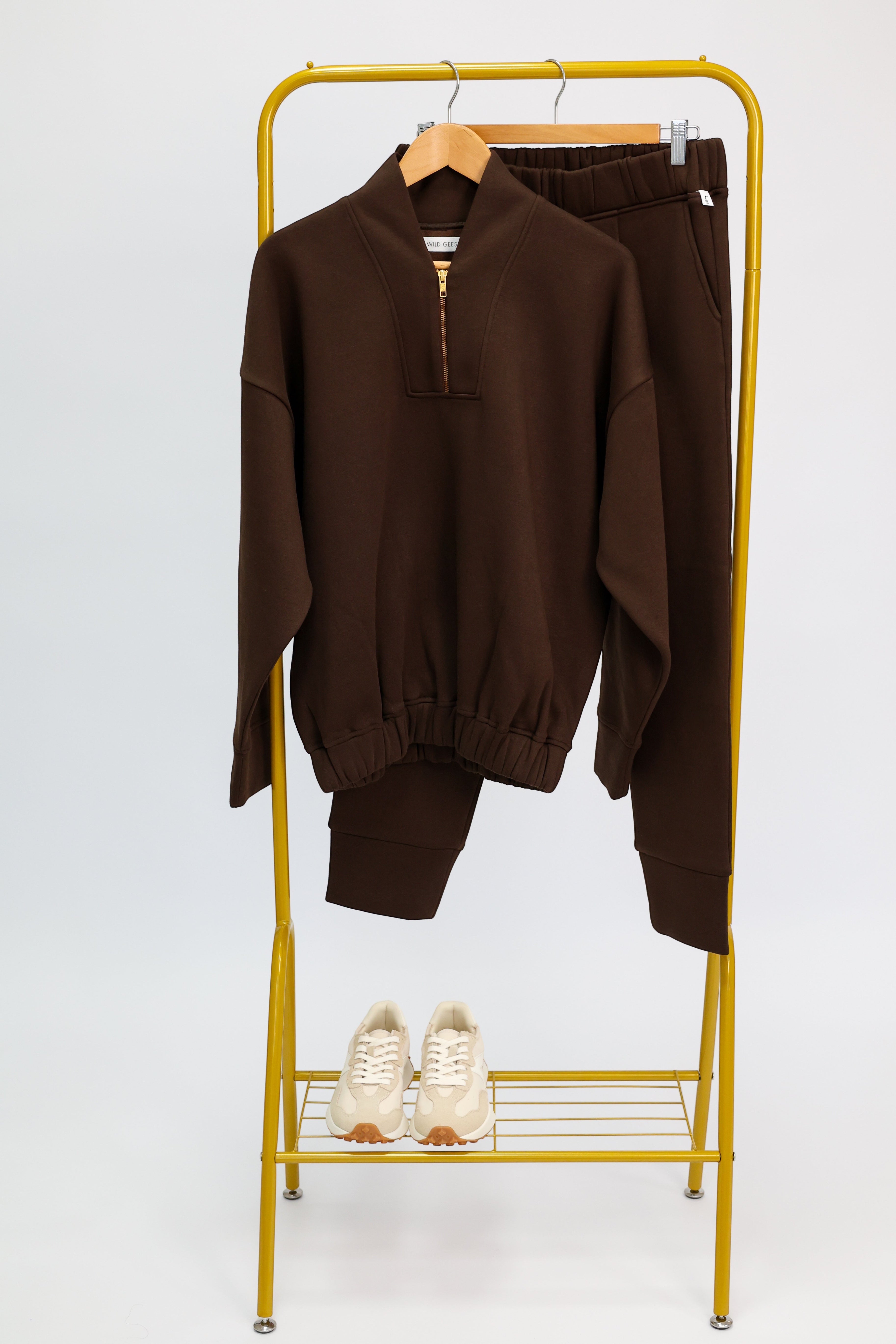 Wild Geese chocolate brown 100% cotton sweatshirt with gold zip detail and matching sweatpants.