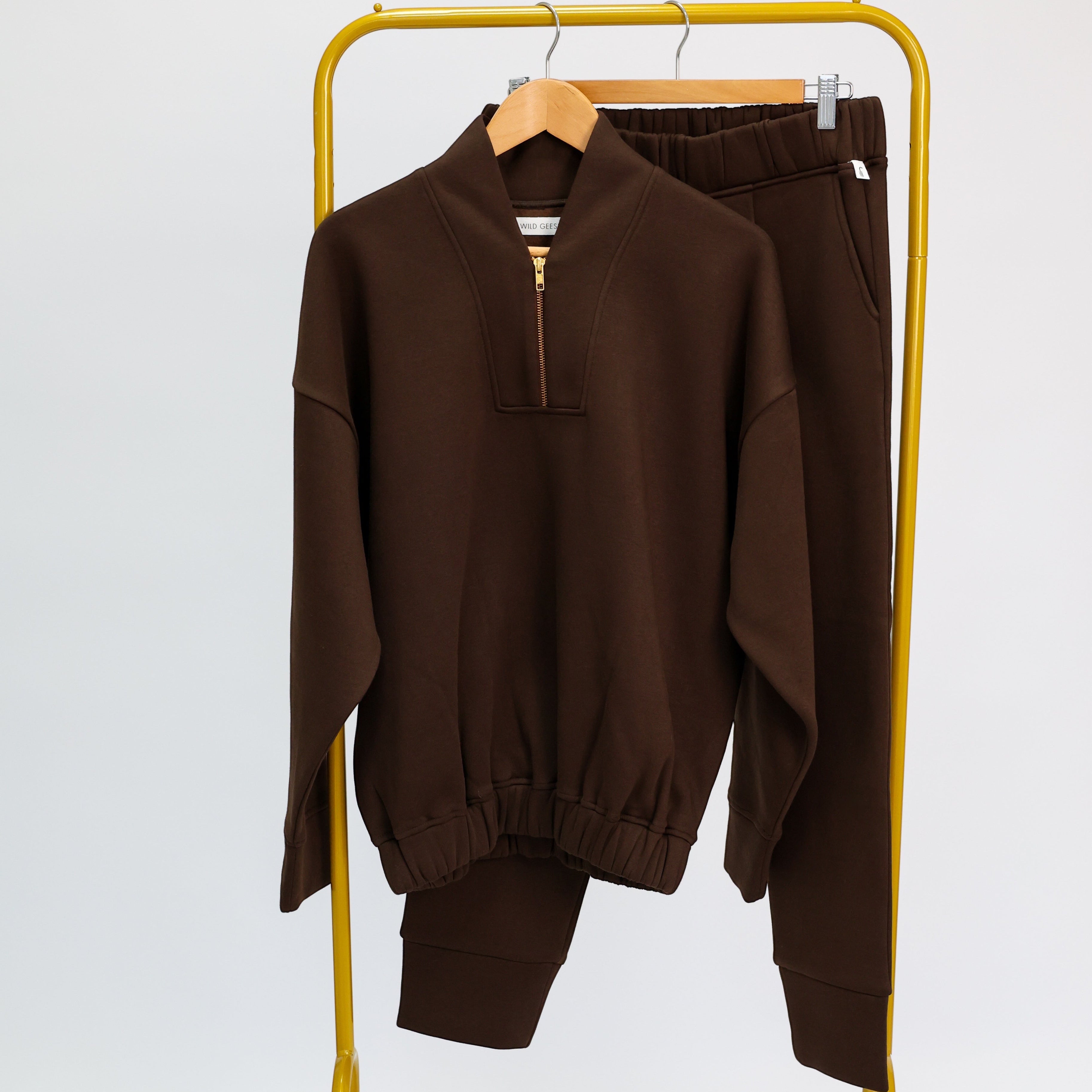 Wild Geese chocolate brown 100% cotton sweatshirt with gold zip detail and matching sweatpants.