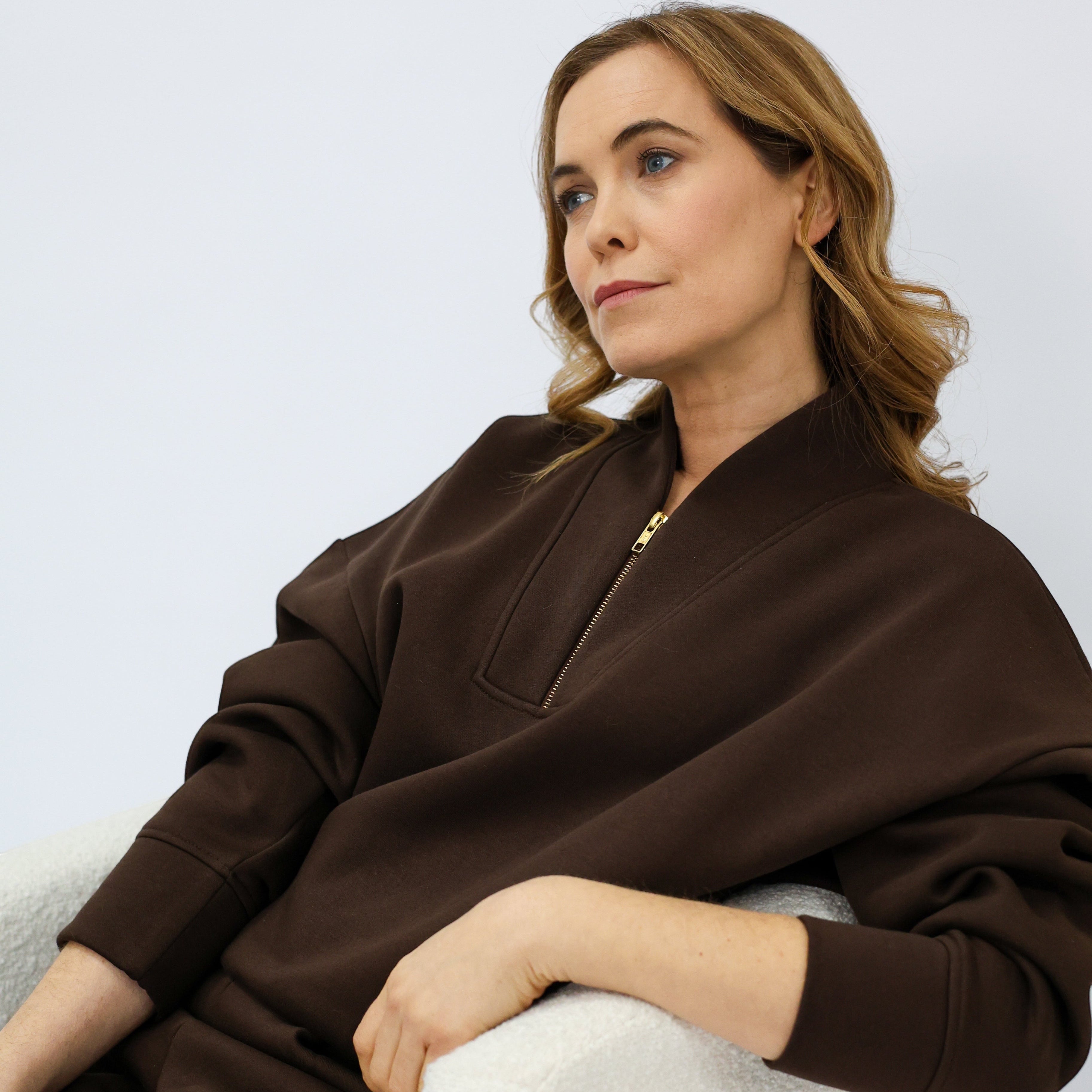 Wild Geese Margot chocolate brown 100% cotton sweatshirt with gold zip detail and relaxed fit.